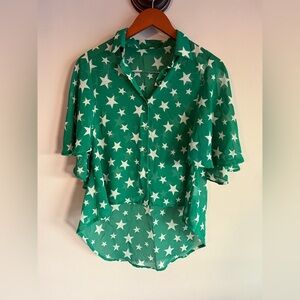 Moa Moa Womens‎ Green Star Print Flutter Sleeve High Low Button Down  Size M